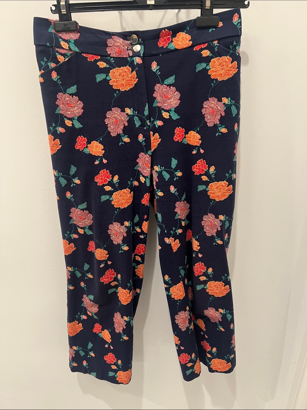 Chico's Navy Floral Cropped Pants with Orange & Teal Blooms